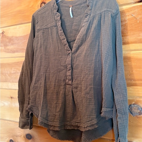 Free People Ruffled Long Sleeve Blouse V-Neck - Picture 1 of 11